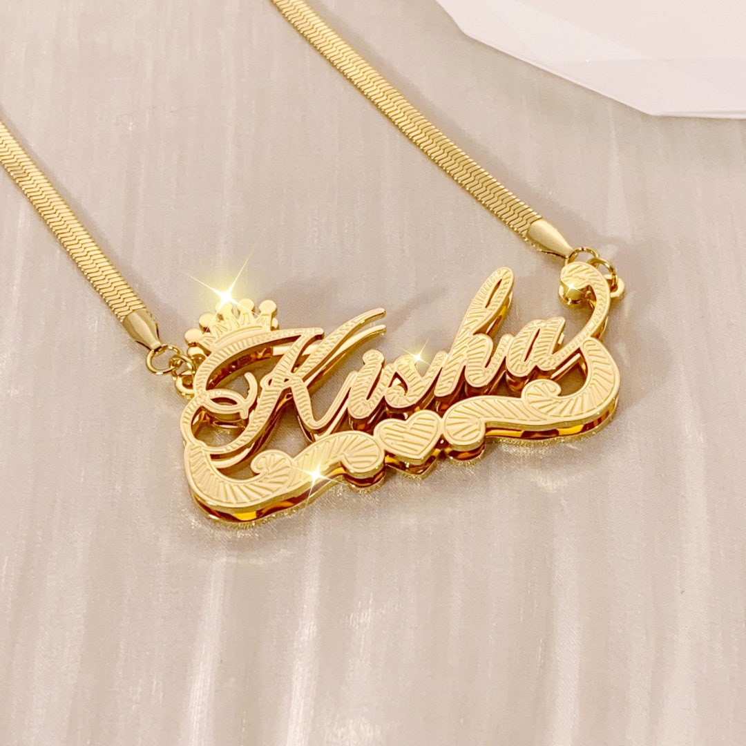 Custom Name Plate With Crown, Double Plated Name Necklace, Nameplate Necklace, Personalized