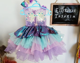 Mermaid Dress For Girl, First Birthday  sea Shell Dress, ,Toddler Baby Costume,Ariel Costume,Mermaid Consept,Birthday Party Dress For Kids