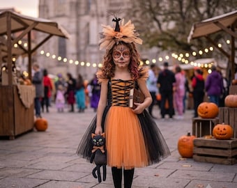 Halloween Häxkostym Flickklänning: Orange och Svart Korsett Tutuklänning - Läskigt Småbarnsfest