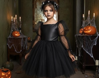 Gothic Vampire Tulle Girl Dress: Black Halloween Pumpkin Baby Costume, Cosplay Witch Outfit