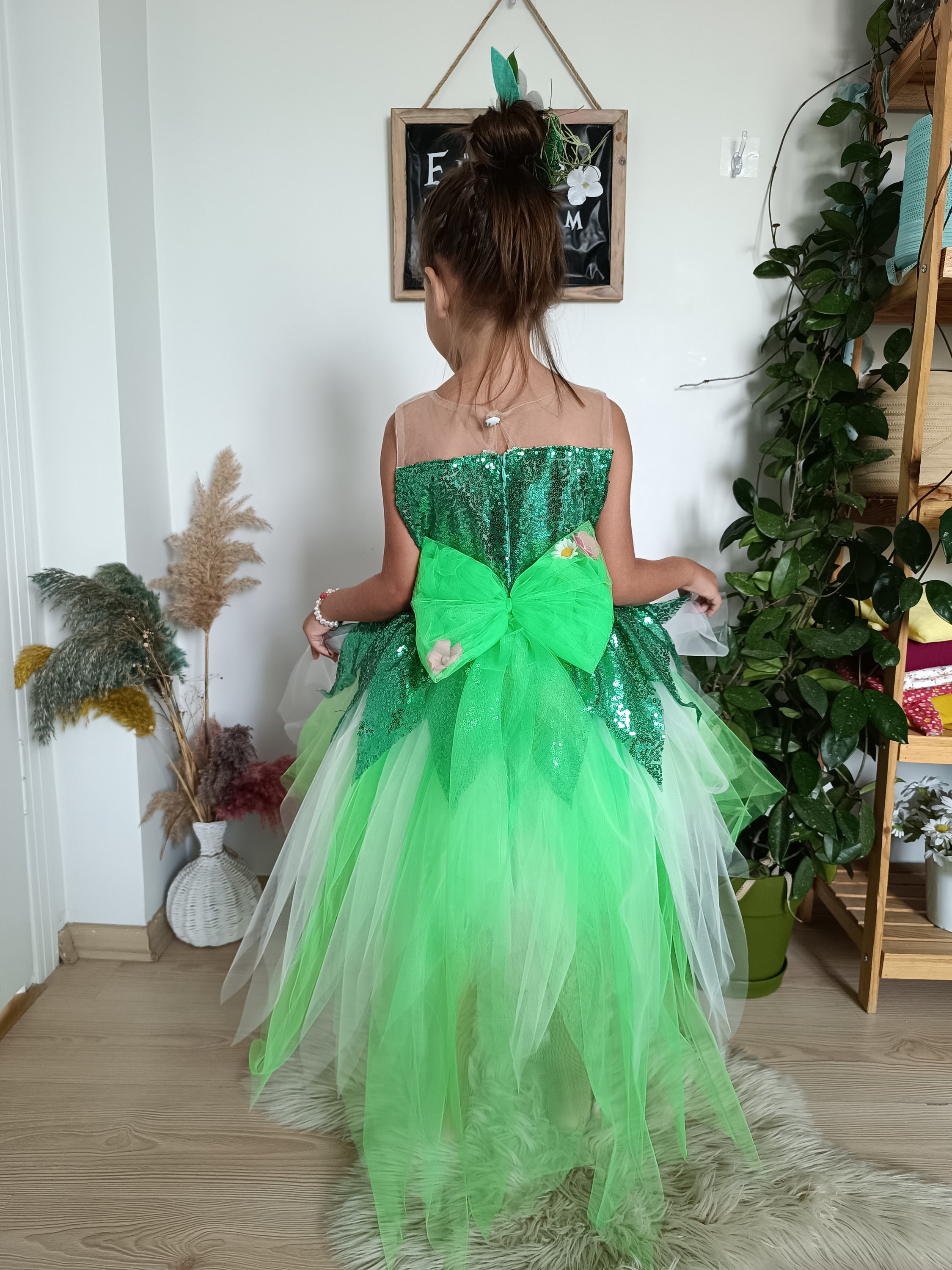green sparkly dress tinkerbell Luxury Tinkerbell Inspired Tutu Dress Emerald Green Woodland Fairy Princess Costume Wings Pom Poms Tink Cosplay Ball Gown Satin Leaf Skirt