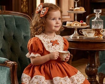 Handmade Orange Rustic Baby Dress: Vintage Style Tea Party Girl Dress