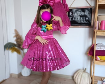 Hot Pink Sequin Baby Dress : Personalized Doll Theme Party Gown for Birthdays