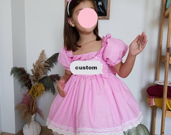 Pink Gingham Daisy  Baby Dress: Retro Toddler Party Outfit, Cottagecore Picnic Style