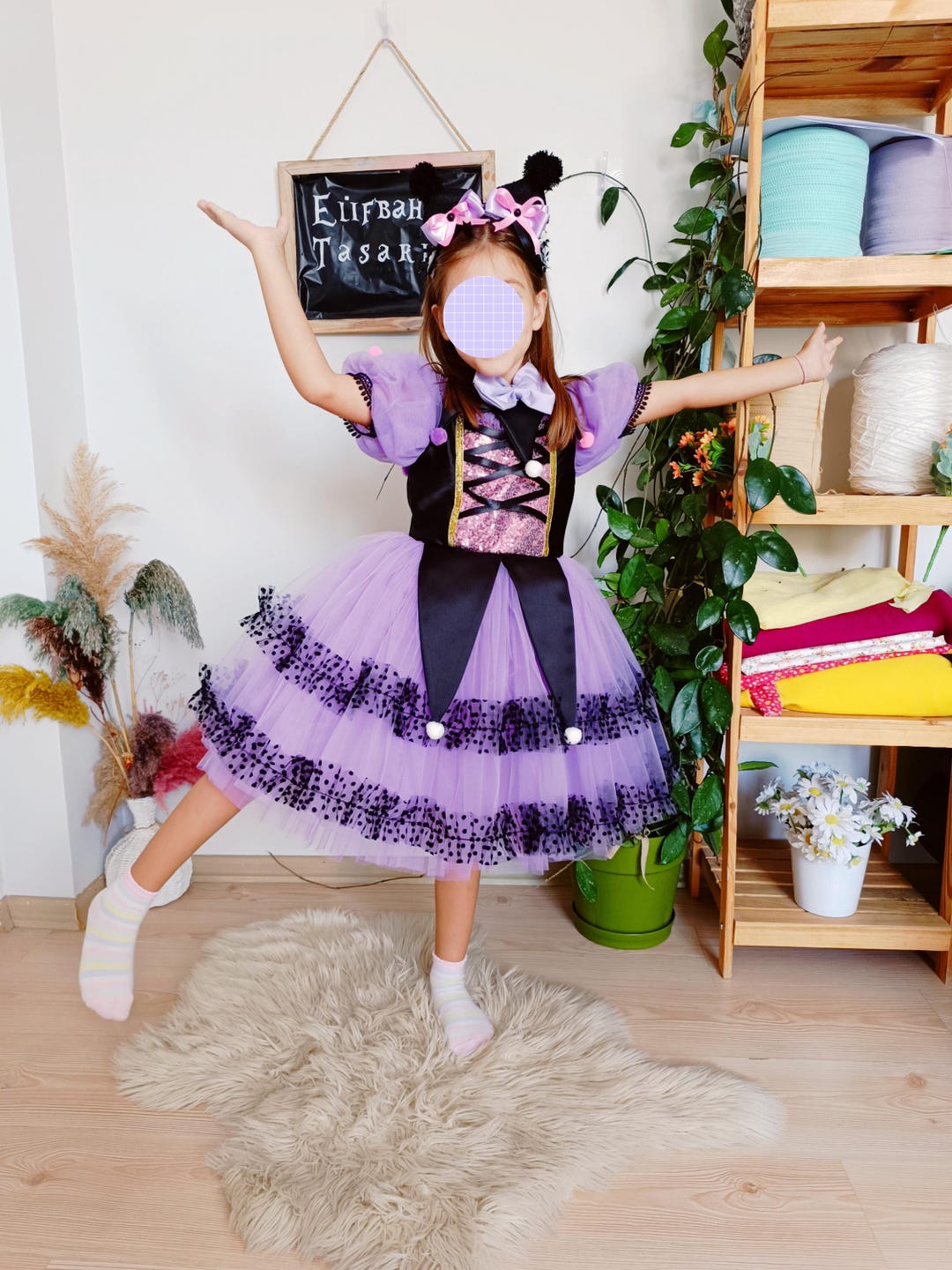 Whimsical Purple and Black Jester Party Gown: Gothic Anime