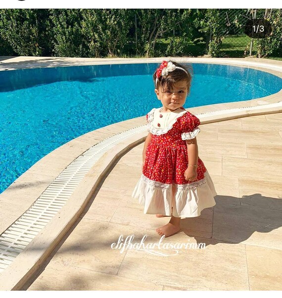 Handmade Red Christmas Dress: Vintage Style Organic Cotton Baby Dress