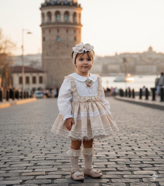 Beige Retro Baby Dress: Cotton Rustic Holiday Outfit Girl Dress