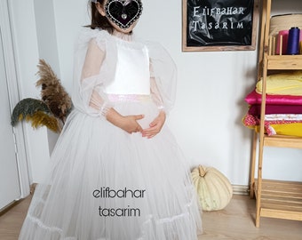 Vestido de tul blanco hasta el suelo para niña de las flores para bodas y bautizos