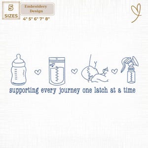 Könnte beinhalten: Ein Stickdesign mit Babyflasche, Milchaufbewahrungsbeutel, stillendem Baby und einer Milchpumpe. Der Text lautet "supporting every journey one latch at a time". Verfügbare Größen: 10 cm, 13 cm, 15 cm, 18 cm und 20 cm.