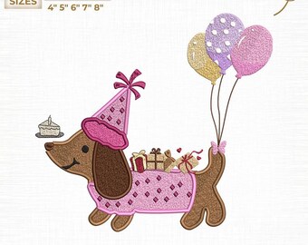 Diseños de bordado a máquina de perro salchicha con globo para cumpleaños, archivos de bordado de feliz cumpleaños, descarga instantánea