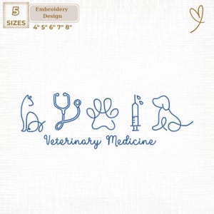 Puede incluir: Un diseño de bordado con dibujos lineales azules de un gato, un estetoscopio, una huella de pata, una jeringa y un perro. El texto "Veterinary Medicine" está debajo. Disponible en 5 tamaños: 10.16cm, 12.7cm, 15.24cm, 17.78cm y 20.32cm.
