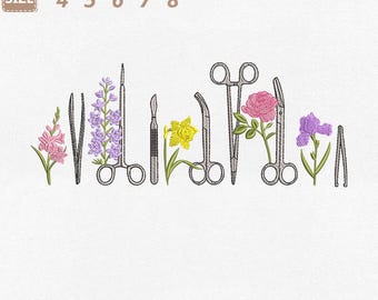 Archivo de bordado a máquina con diseño floral para técnicos quirúrgicos, cirugía médica (descarga instantánea)