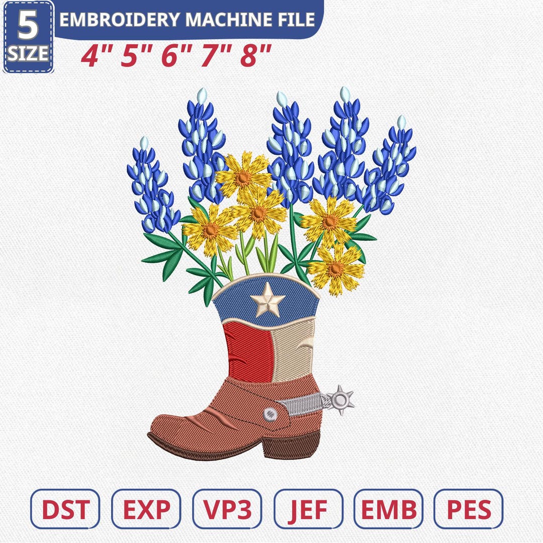 Cowboy Boot Machine Texas Bluebonnet Cowboy Boot Machine Embroidery File, Botanical Flower ...