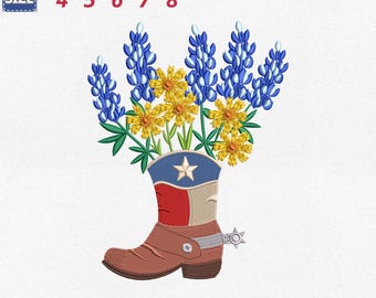 Archivo de bordado a máquina de bota vaquera con flor de lupino azul de Texas, flor botánica (descarga instantánea)