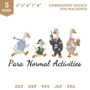Puede incluir: Diseño de bordado a máquina con cuatro gansos de dibujos animados en varios atuendos con el texto Para Normal Activities. Los gansos se muestran en 5 tamaños de 4 a 8 pulgadas. Formatos DST, EXP, VP3, JEF y PES para máquinas.