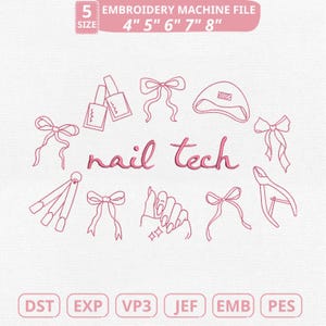 以下が含まれることがあります： ネイルテックをテーマにしたデザインのピンク色の刺繍ミシンファイル。マニキュアボトル、リボン、ネイルドライヤー、ネイルアートツール、テキスト「nail tech」が含まれています。サイズは10.16cm、12.7cm、15.24cm、17.78cm、20.32cmで利用可能です。