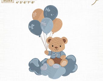 Diseño de bordado a máquina de osito de peluche con globos, descarga instantánea.