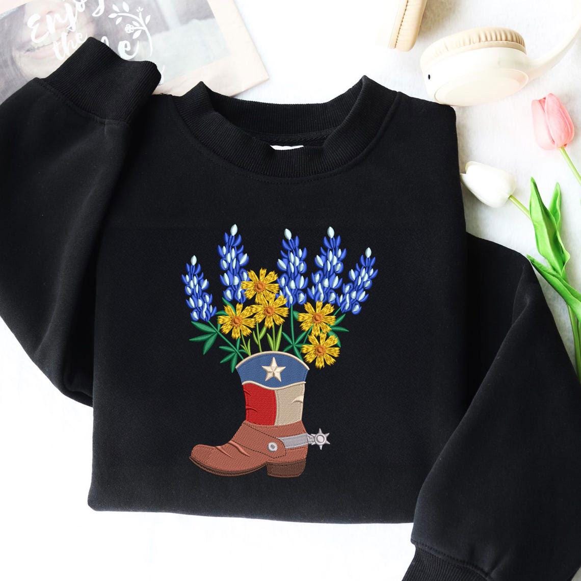 Cowboy Boot Machine Texas Bluebonnet Cowboy Boot Machine Embroidery File, Botanical Flower ...