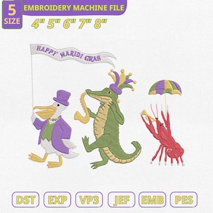 Könnte beinhalten: Stickmaschinen-Datei mit Mardi Gras-Motiven. Das Bild zeigt einen Pelikan, ein Alligator und einen Krebs, jeweils mit Musikinstrumenten. Der Pelikan hält ein Banner mit der Aufschrift "Happy Mardi Gras". Größen von 10.16cm bis 20.32cm. Dateitypen: DST, EXP, VP3, JEF, EMB, PES.