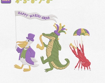 File per ricamo a macchina con animali del Mardi Gras, disegno ricamato con pellicano, alligatore e gambero del Mardi Gras, festival della Louisiana, download immediato
