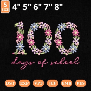 Arquivo de bordado à máquina floral para 100 dias de aula, desenho bordado floral para professora, homenagem aos professores, download instantâneo