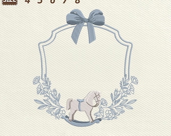 Archivo de bordado a máquina para marco de caballo con lazo, diseño bordado para marco de escudo de bebé niño, descarga instantánea