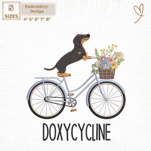 Könnte beinhalten: Ein Stickdesign mit einem schwarz-braunen Dackel auf einem hellblauen Fahrrad mit einem Blumenkorb. Der Text "DOXYCYCLINE" steht darunter. Erhältlich in 5 Größen: 10 cm, 13 cm, 15 cm, 18 cm und 20 cm.