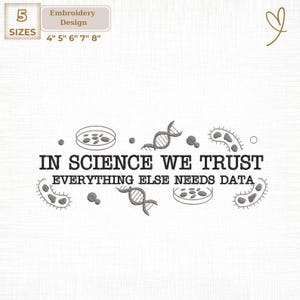 Può includere: Un disegno per ricamo con la scritta "IN SCIENCE WE TRUST EVERYTHING ELSE NEEDS DATA". Il disegno include illustrazioni di piastre di Petri, filamenti di DNA e batteri. Disponibile in 5 misure: 10 cm, 13 cm, 15 cm, 18 cm e 20 cm.