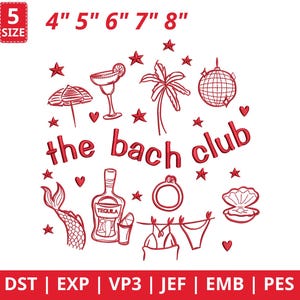 Könnte beinhalten: Rotes Stickdesign mit dem Text "the bach club" und Strandmotiven wie Margarita, Palme und Bikini. Größen von 10,16 cm bis 20,32 cm.