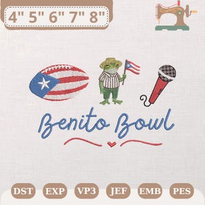 Può includere: Un ricamo con un pallone da football con la bandiera portoricana, una rana con cappello e bandiera e un microfono rosso. Il testo "Benito Bowl" è scritto in blu. Il design misura circa 10-20 cm.