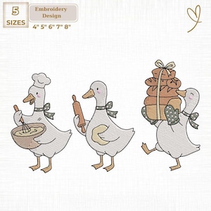 May include: Embroidery design featuring three cartoon geese. One goose wears a chef's hat and holds a bowl and whisk. Another holds a rolling pin, and the third carries a stack of bread. The design includes sizes 4", 5", 6", 7", and 8".