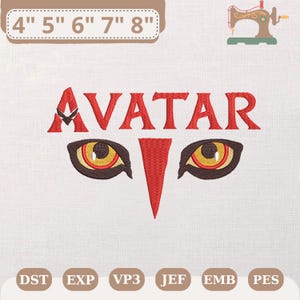 Puede incluir: Diseño bordado con la palabra "AVATAR" en rojo, con ojos estilizados y una flecha roja central. El diseño está sobre tela blanca, con marcas de tamaño de 10 cm a 20 cm en la parte superior. Incluye formatos de archivo de bordado.