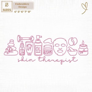 Puede incluir: Dise&ntilde;o de bordado rosa con iconos de spa y cuidado de la piel, incluyendo una pila de piedras, botellas de aceite, una mascarilla facial y una vela. El texto dice "skin therapist". Disponible en 5 tama&ntilde;os: 10 cm, 13 cm, 15 cm, 18 cm y 20 cm.