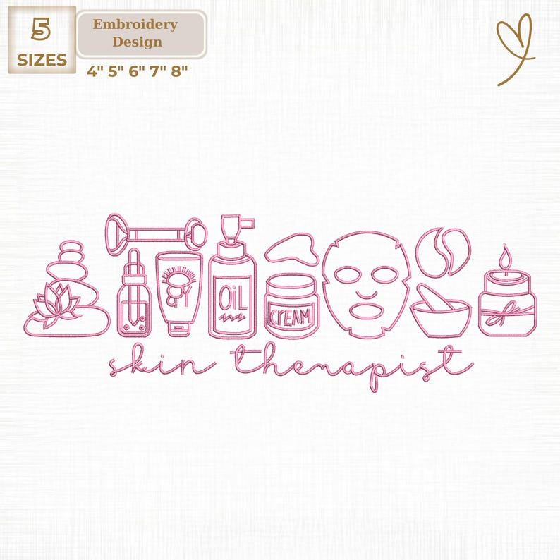 Puede incluir: Dise&ntilde;o de bordado rosa con iconos de spa y cuidado de la piel, incluyendo una pila de piedras, botellas de aceite, una mascarilla facial y una vela. El texto dice "skin therapist". Disponible en 5 tama&ntilde;os: 10 cm, 13 cm, 15 cm, 18 cm y 20 cm.