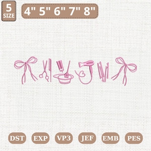 May include: Pink embroidery design featuring hair styling tools and the word "RAJUT". Includes a bow, scissors, comb, hair dye bowl, hair dryer, and hair styling tools. The design is available in sizes from 4" to 8".