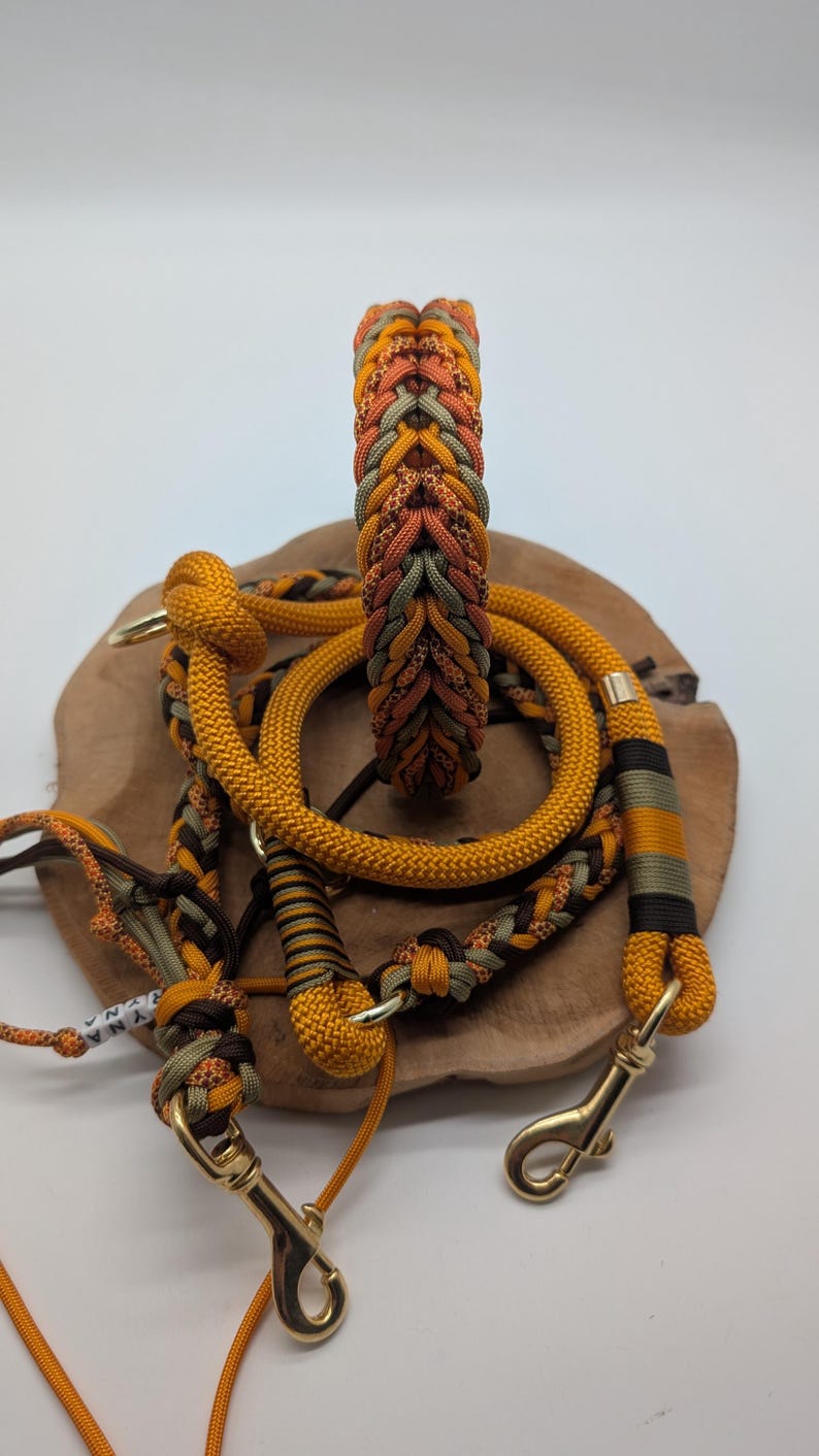 May include: A collection of dog accessories, including a braided collar and matching leash. The items feature a color scheme of orange, brown, and olive green, with gold-colored metal hardware. The leash has a clip for easy attachment.