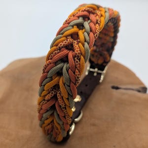 May include: Braided dog collar in shades of orange, yellow, and green. The collar features a brown leather backing and gold-colored hardware. The braided design is intricate and eye-catching, suitable for a medium to large dog.