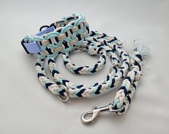 Paracord dog collar with braided paracord leash in a maritime look