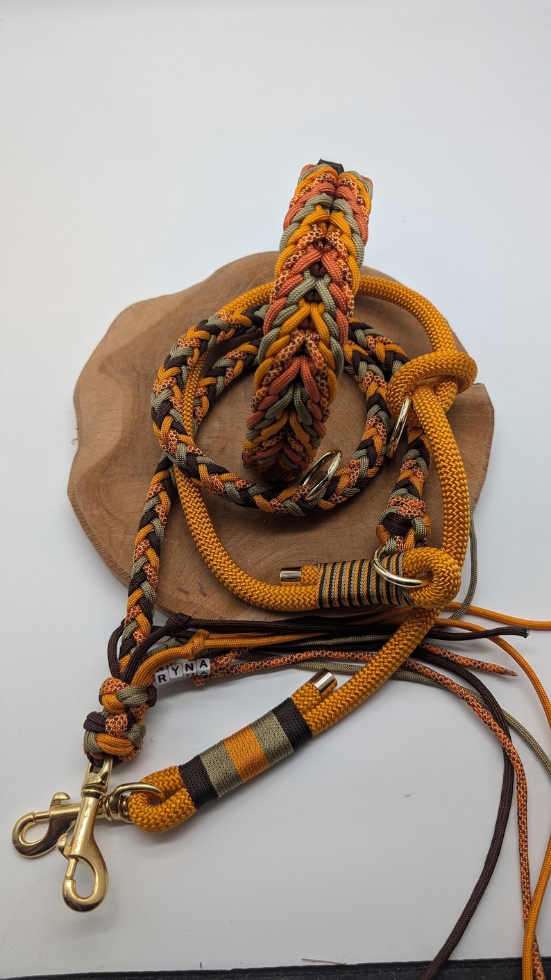 May include: A braided dog collar and leash set in shades of orange, brown, and olive green. The leash features gold-colored metal hardware and the name "RYNA" on the leash. The set is displayed on a wooden surface.