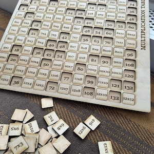 May include: A wooden multiplication table with a grid of numbers and removable tiles. The table is labelled "MULTIPLICATION TABLES" and includes individual tiles with multiplication problems like "3x4" and "1x12".