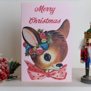 Christmas Card, Vintage, Pink Retro Deer, Hand Embellished with Sparkly Serenity Crystals
