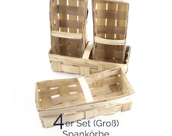 Praktisches 4er-Set geflochtene Spankörbe (Groß) – Hell, mit Griff – Erntekorb, Pilzkorb, Körbchen für Erdbeeren, Obst & Gemüse