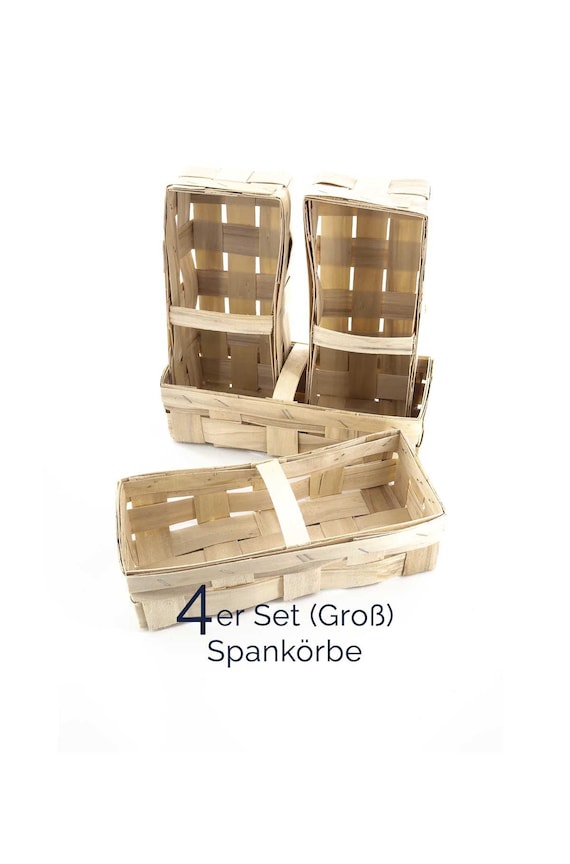 Praktisches 4er-Set geflochtene Spankörbe (Groß) – Hell, mit Griff – Erntekorb, Pilzkorb, Körbchen für Erdbeeren, Obst & Gemüse