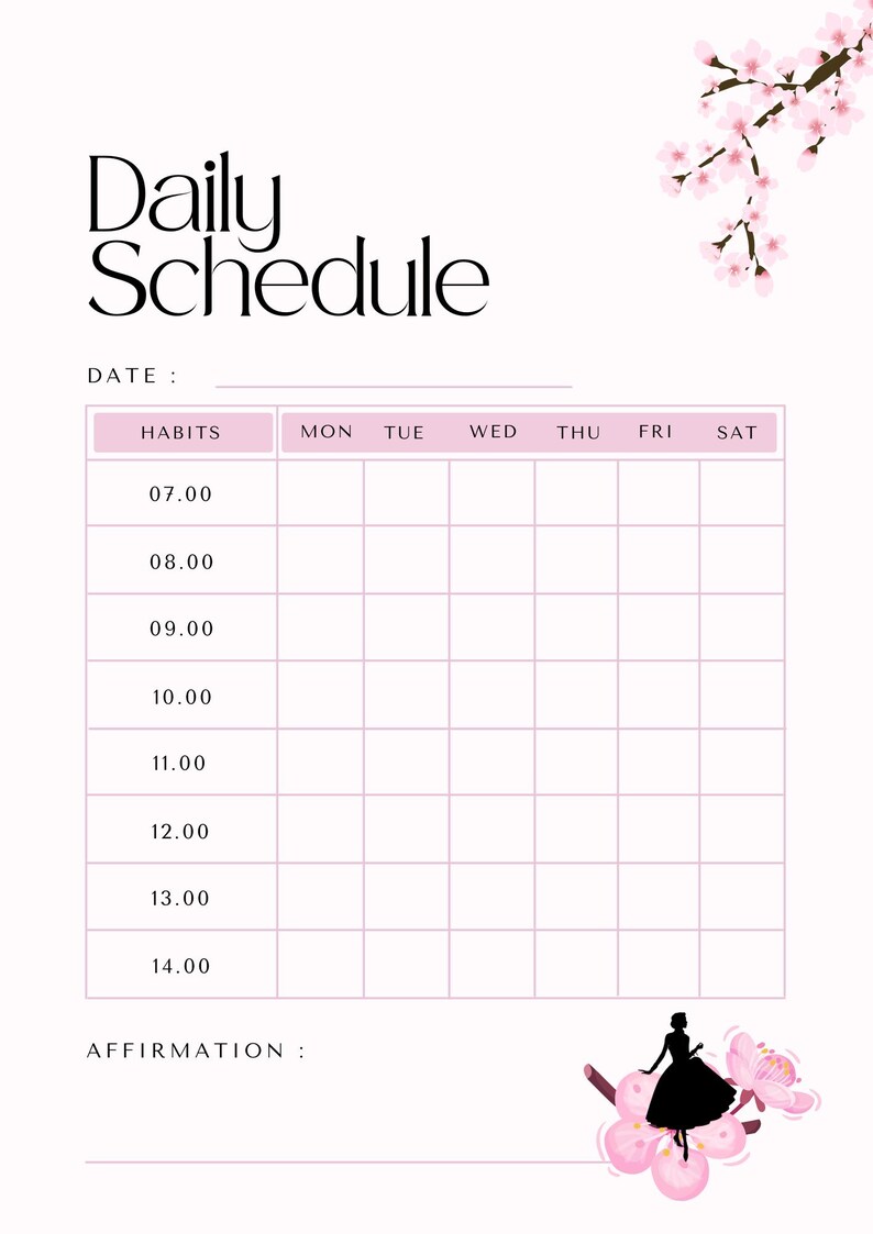 Pink Feminine Daily Planner Editable Printable Customizable Affirmation