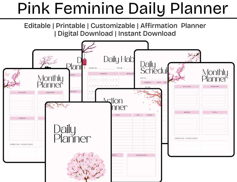 Pink Feminine Daily Planner Editable Printable Customizable Affirmation