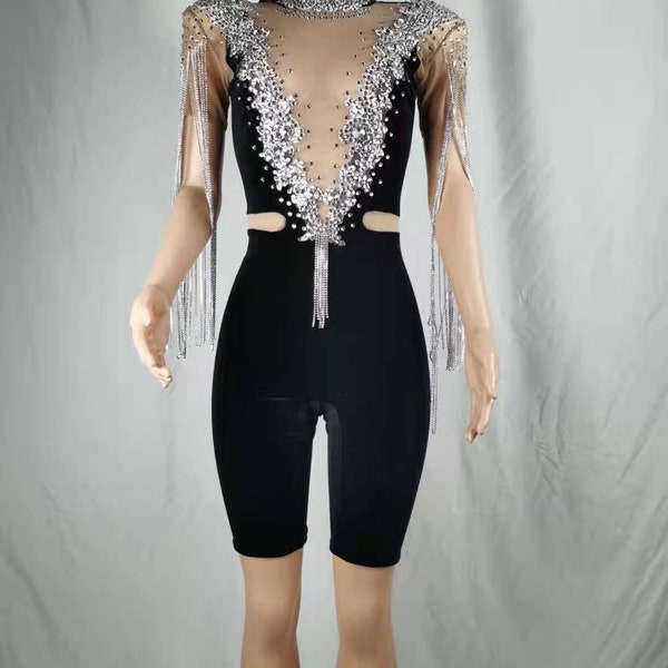 Dazzling Noir - Jumpsuit met zilveren steentjes, franjes en fluwelen stretchlegging