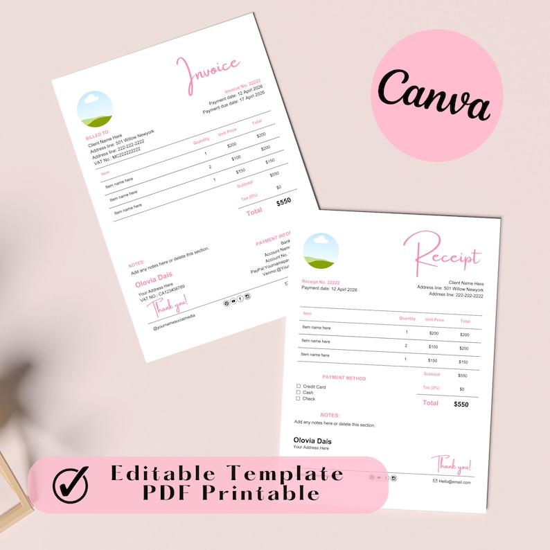 Make your accounting easier with our simple invoice and receipt templates on Etsy. Professionalism comes with functionality. The forms we create are 100% customizable. #MinimalCosmosHub #Organization #CanvaTemplate