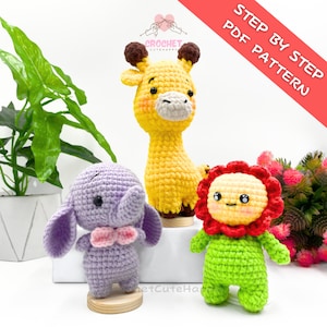 Pattern Bundle 3 baby Safari Animals, Crochet Plushie PDF PATTERN, Low Sew amigurumi crochet patterns Flower, giraffe, elephant, CAM00012