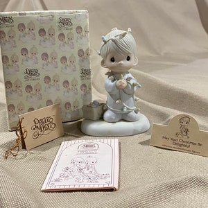 Vintage Enesco Precious Moments ‘May Your Christmas Be Delightful’ Figurine, Number 15482, Designed In 1985, Retired in 1994, Flower Imprint