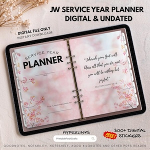 Könnte beinhalten: Digitaler und undatierter JW-Dienstjahresplaner mit floralen Akzenten. Der Planer enthält den Text "Service Year Planner" und ein Zitat aus 5. Mose 16:15. Der Planer ist für GoodNotes, Notability und andere PDF-Reader konzipiert.